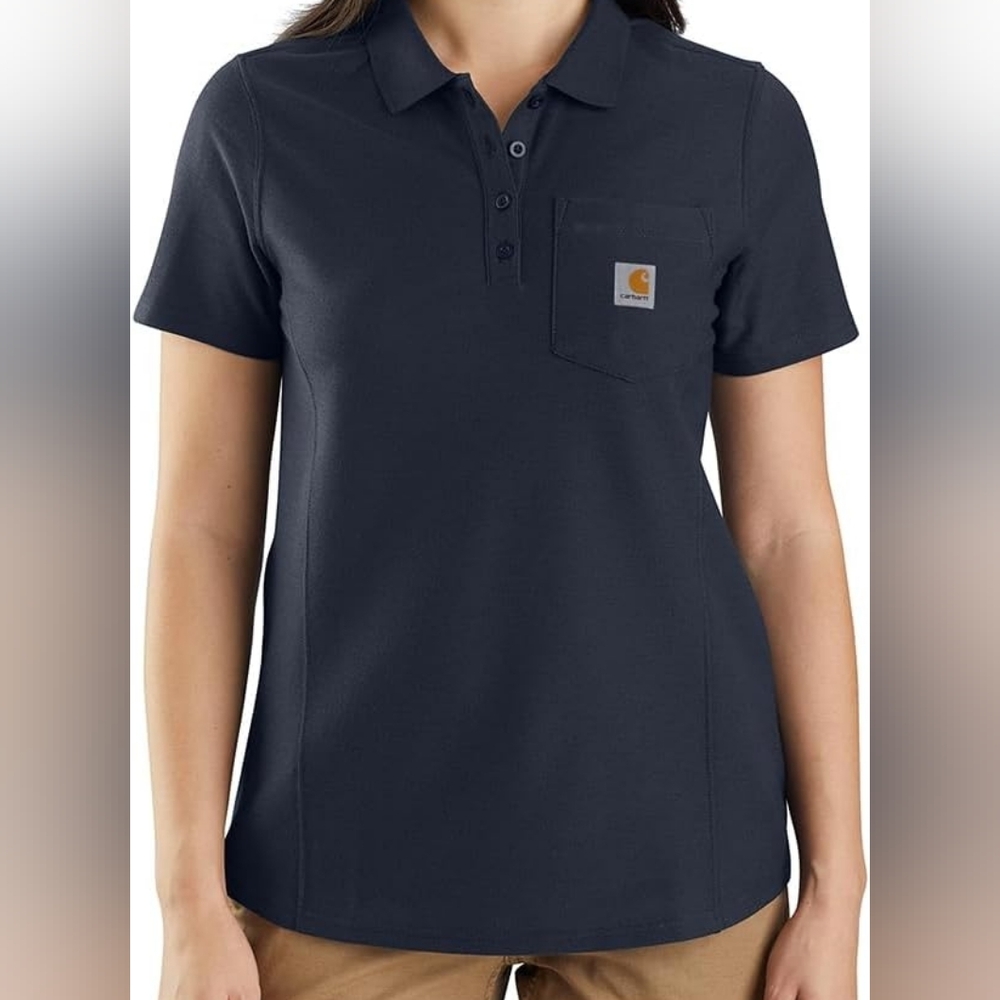 Carhartt Polo Shirt Womens Medium Navy Blue Relaxed Fit Pocket Top Size Medium